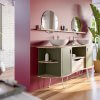 Grand meuble de salle de bain designer par Xavier Vincent (fondateur tikamoon) Eugenie 170 cm couleur bois et kaki double vasque à poser blanche