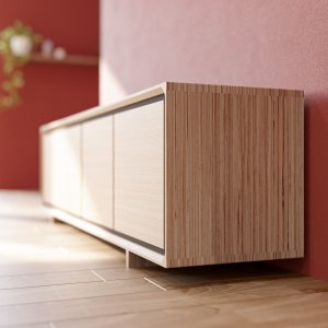 meuble tv enfilade contemporaine et design en bois clair de hêtre massif et multiligne un chat dans le tiroir ucdlt mobilier durable meuble local et éco-responsable